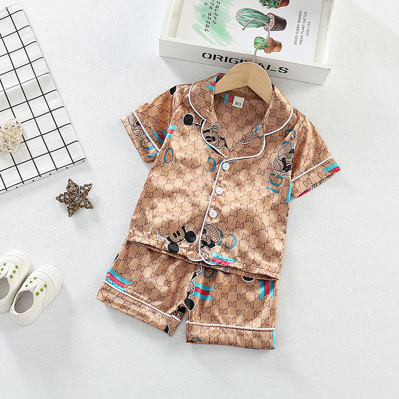 Summer new products for boys and girls cartoon animal cardigan pajamas ice silk short-sleeved shorts children's home service