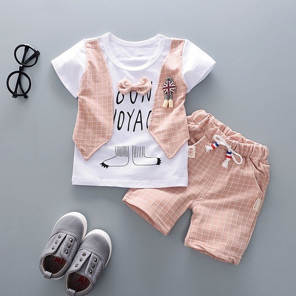 2pcs/set Boys Suit 0-4 Year Baby Cotton Plaid Short-sleeved Shorts Two-piece Set