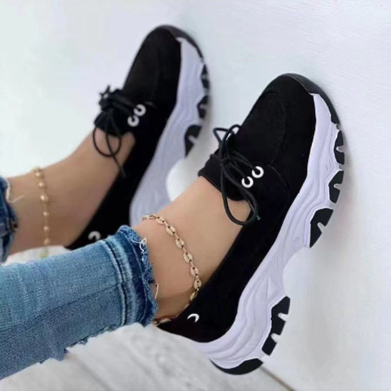 Cross border foreign trade large casual single shoe women's 2023 thick sole front tie up middle heel flat bottom round toe polyu