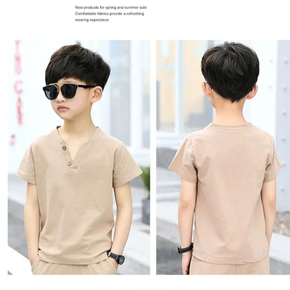 Children's clothing boy summer cotton and linen short-sleeved suit children's summer big boy boy two-piece suit Korean version