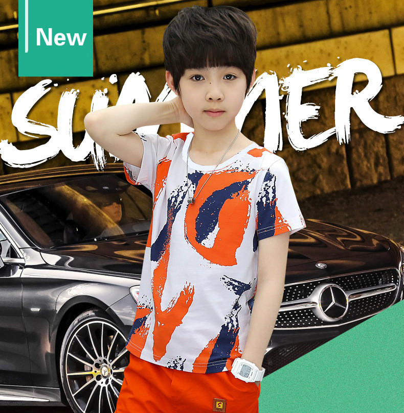 Boys suit summer cotton children's sports short-sleeved shorts two-piece suit big boy summer