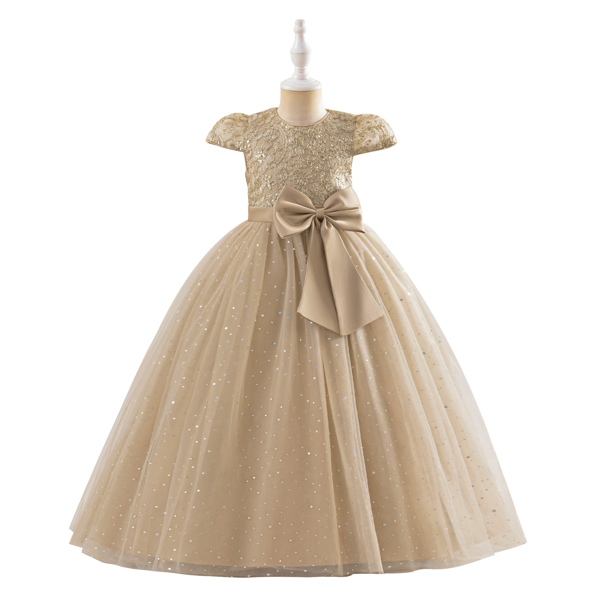 Girls' formal dress with bubble sleeves and sequined wedding dress, flower girl princess long dress