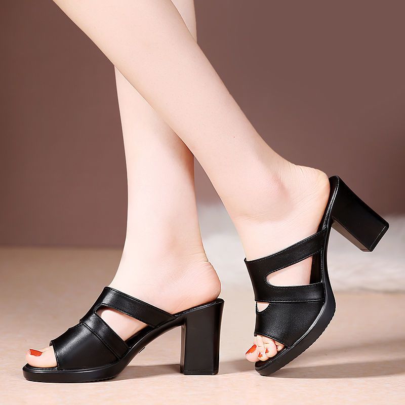 New Fashionable Outerwear Coarse Heel Middle Heel Versatile Fish Mouth Outerwear High Heels Cool Slippers