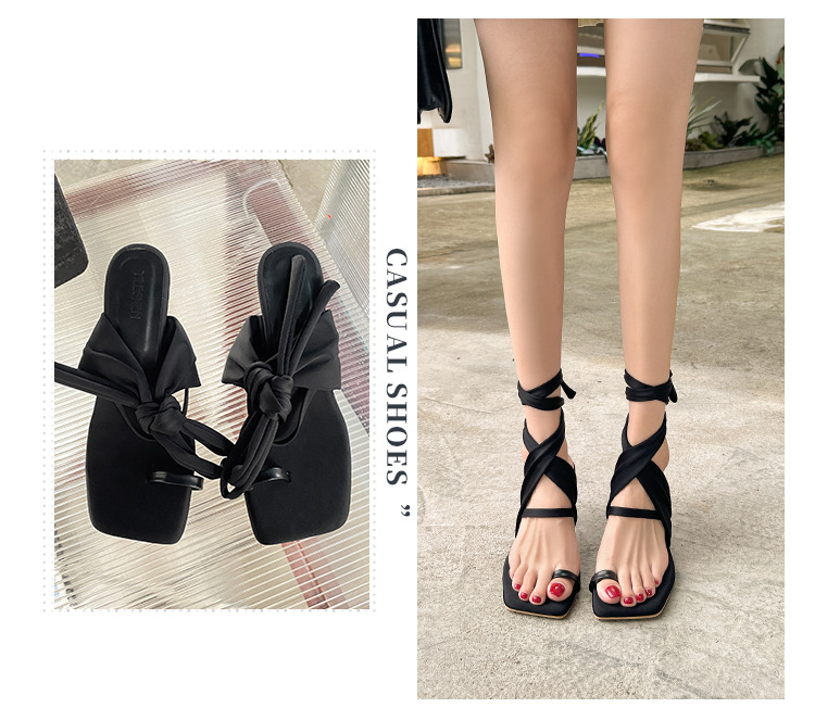 Sandals with crossed toe straps, high heels, fairy style, versatile, sexy square toe, slim heel, Roman sandals