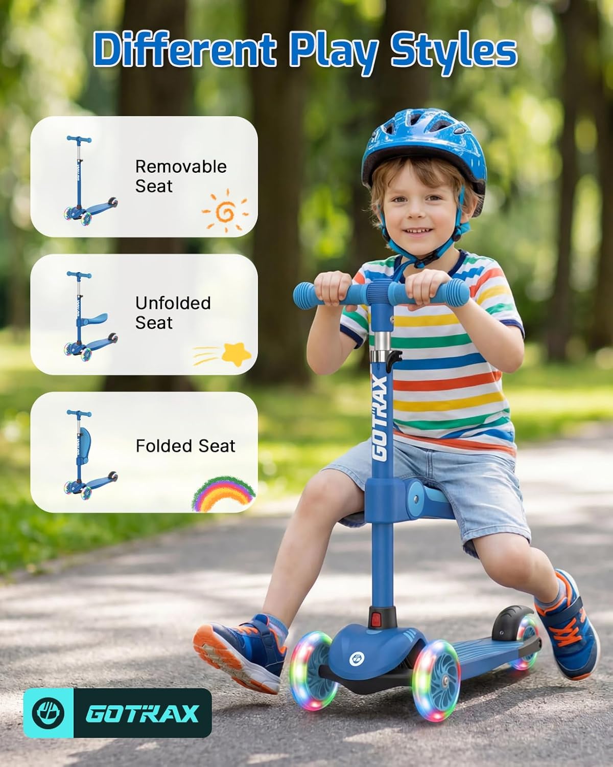 Gotrax KS3 Kids Kick Scooter, LED Lighted Wheels, Adjustable Height Handlebars and Removable Seat, Lean-to-Steer & Widen Anti-Slip Deck, 3 Wheel Scoot