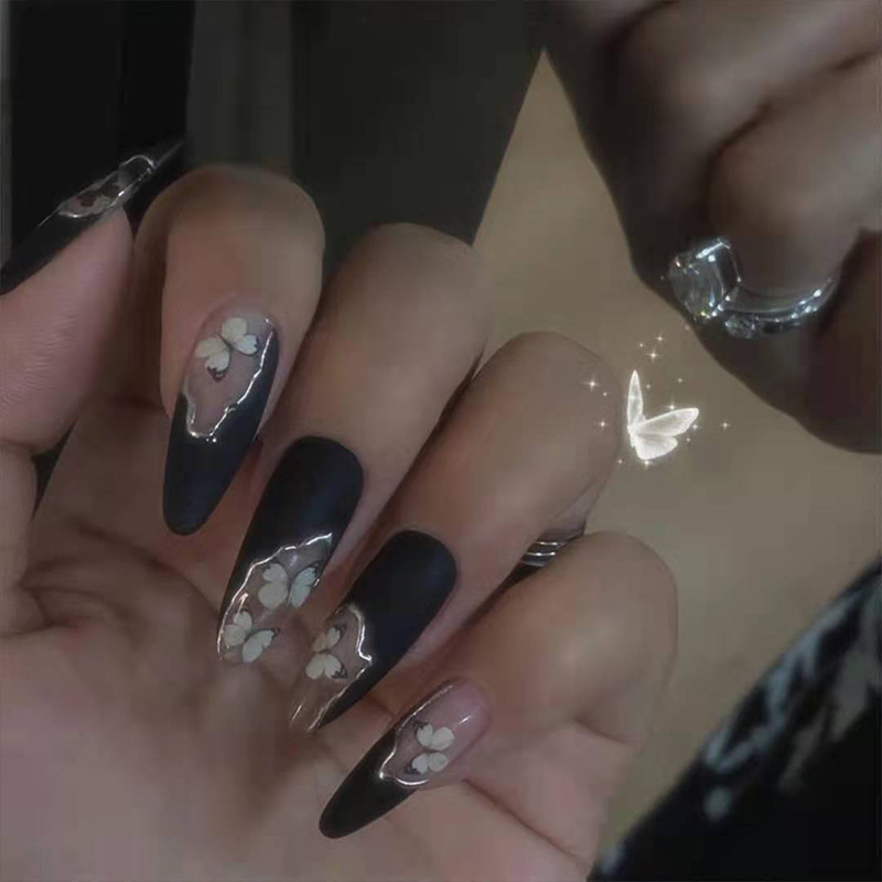24Pcs Detachable Black Ballerina French False Nails Leopard Wearable Fake Nails butterfly Pattern Full Cover Nail Tips