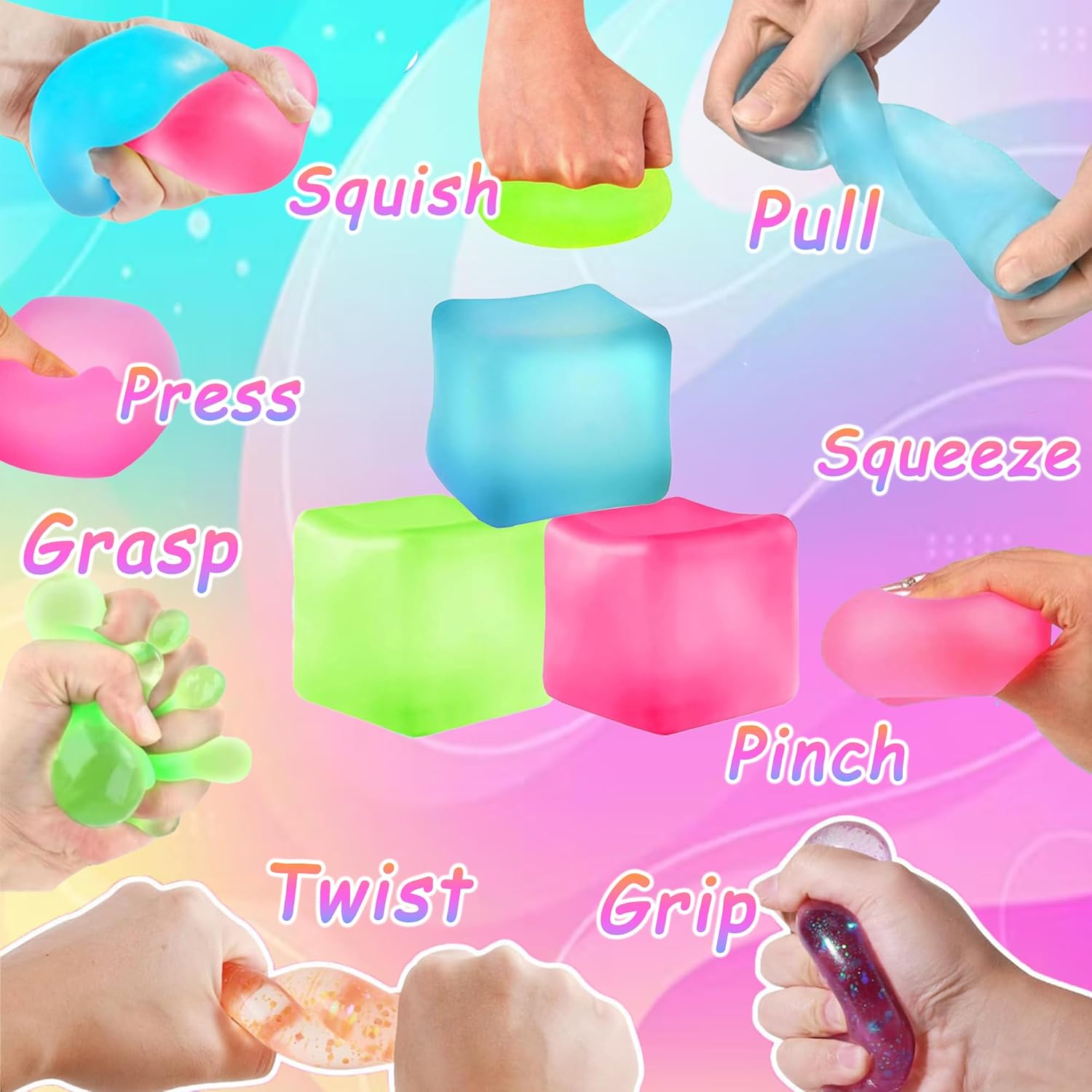 3Pcs Stress Cube Squishy Toys, Slow Rising Ice Cube Stress Balls, Sensory Fidget Toys for Anxiety Relief, Sensory Ice Cube Gel Filled Squishy Ball Toy