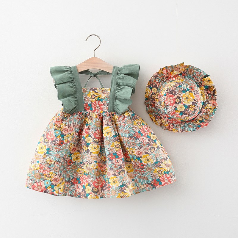 Summer New Fragmented Flower Flying Sleeve Dress Girls' Flying Sleeve Skirt Comes with the Same Hat as a Gift
