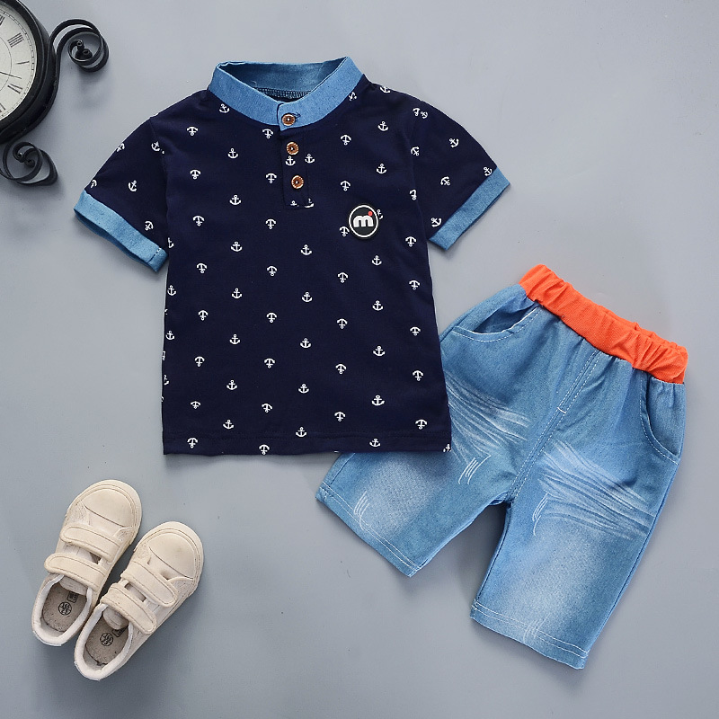 Ones boys summer short-sleeved anchor print polo shirts shorts clothing set kids baby cotton suit