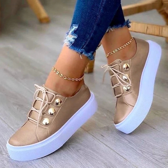 Women's Sneakers Plus Size White Studs Flat Heel Round Toe Outdoor Walking Shoes PU Leather Lace Up Shoes