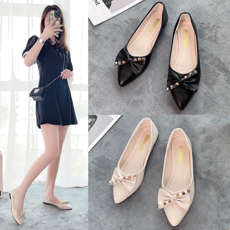 Pointed Toe with Bow Women's Flat Shoes Black Office Ladies Footwear Social Chic Versatile Shoes