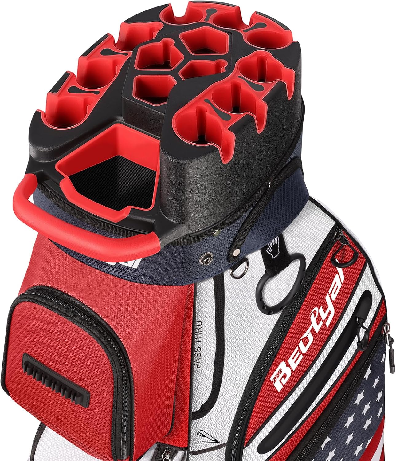 14 Way Golf Cart Bag with T Lock Top & Full Length Dividers, USA Flag Men's Golf Club Cart Bag Premium Cart Golf Bag with Cooler and Rain Cover