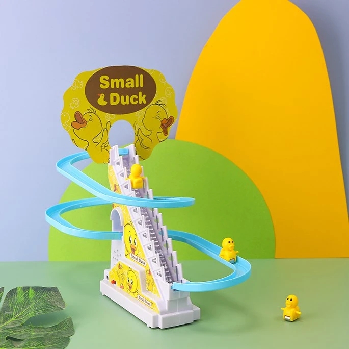 Electric Rail Racing Track Small Duck Climbing Stairs Toy DIY Racing Track Toy Music Duck Roller Coaster Toy For Boys Girls Gift
