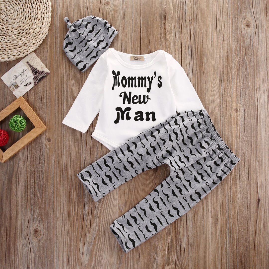 Newborn Infant Baby Boy Cotton Tops Romper+Pants Legging+Hat Outfits Clothes Set（long sleeves）