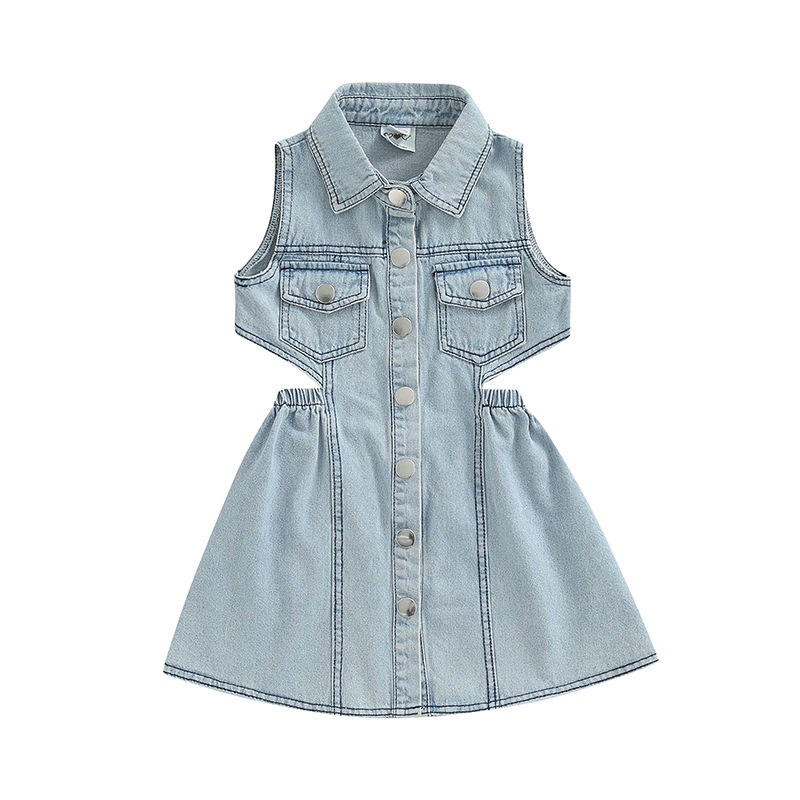 1-6Y Kids Girls Denim Dress Baby Summer Clothing Sleeveless Lapel Button-down Cut Out A-line Dress Children Casual Dresses