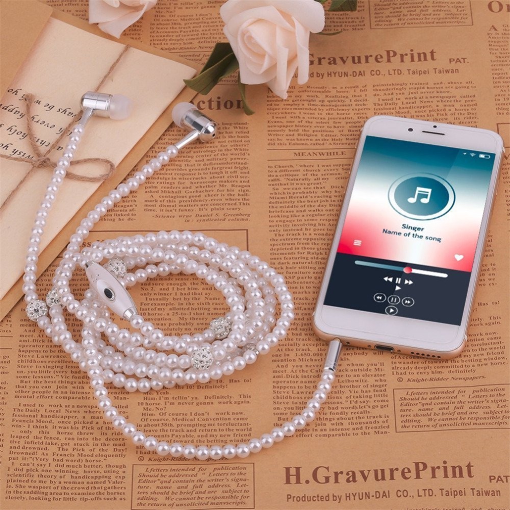 Fashion Pretty Necklace Earphone Pink Girl Rhinestone Jewelry Pearl Earphones 3.5mm With Microphone Earbuds for Brithday Gift