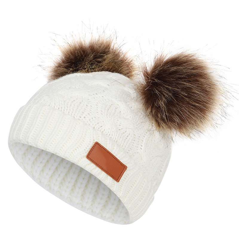 Double hair ball cute 1-4 year old children's knitted hat for autumn and winter new style cotton warm baby hat hood cap