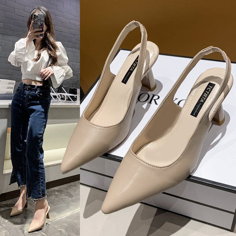 Baotou back empty sandals high heels women's thick heel 2023 spring new single shoes pointed toe black work shoes high heels