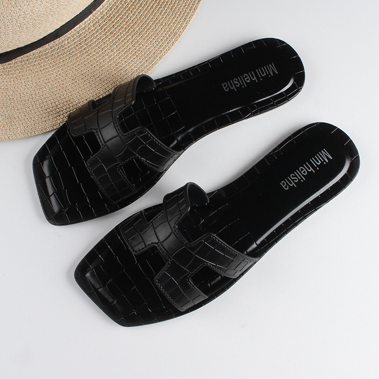 Summer New Fashion One line Drag Square Headed Plaid Flat Shoes Casual Beach Shoes Women's Crystal Slippers Jelly Shoes