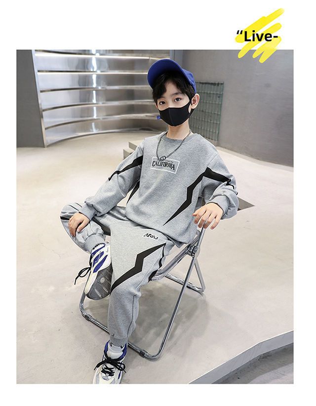 Boys Spring and Autumn Splicing Contrast Color Cotton Long Sleeve T-Shirt Sweater + Elastic Loose Comfortable Pants Casual Sport