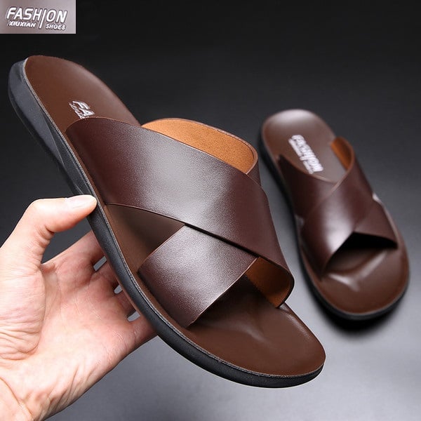 New Fashion Summer Men Shoes Vintage Italian Flats Casual Non-slip Beach Sandals Genuine Leather Flip Flop Slippers