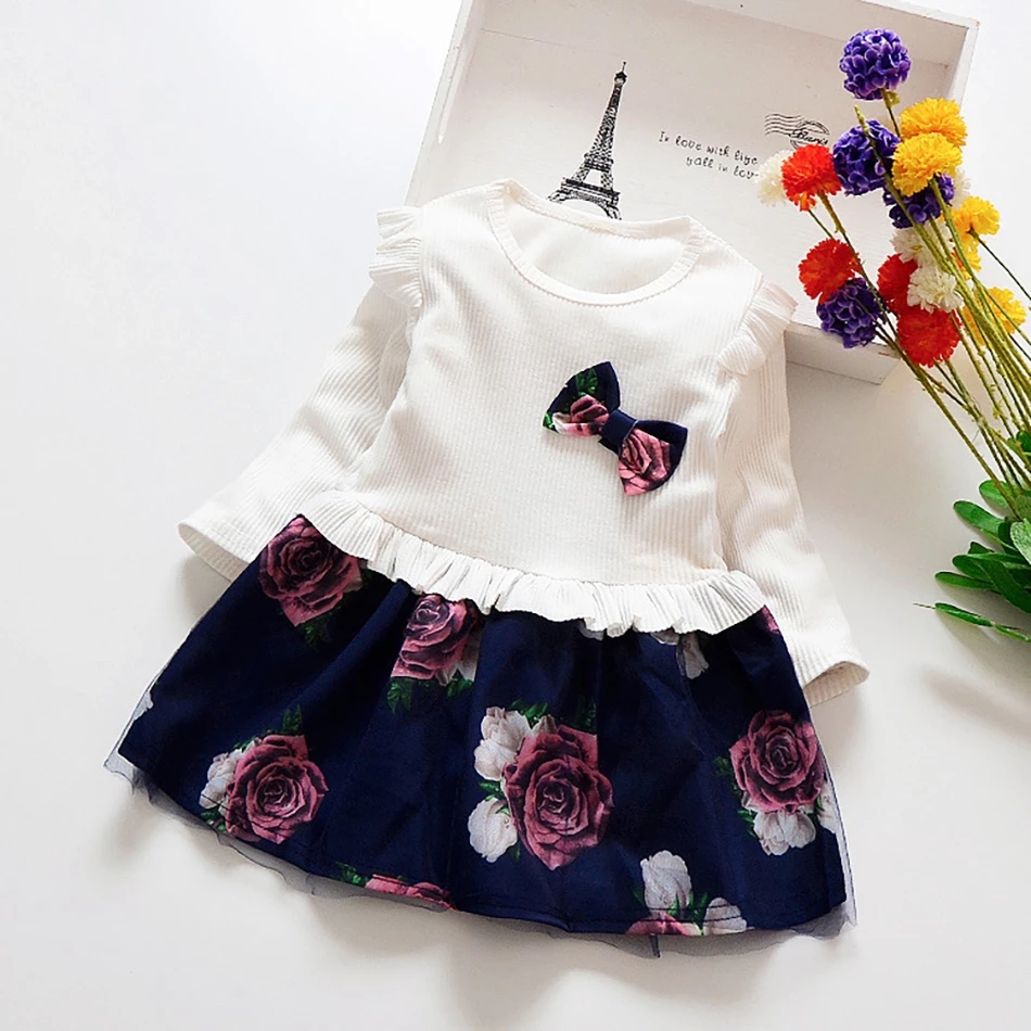 Baby Girls Dress Autumn Cute Bow Print Newborn Dress Long sleeved Princess Dresses for Girl Toddler Kids Dress 2-7Y
