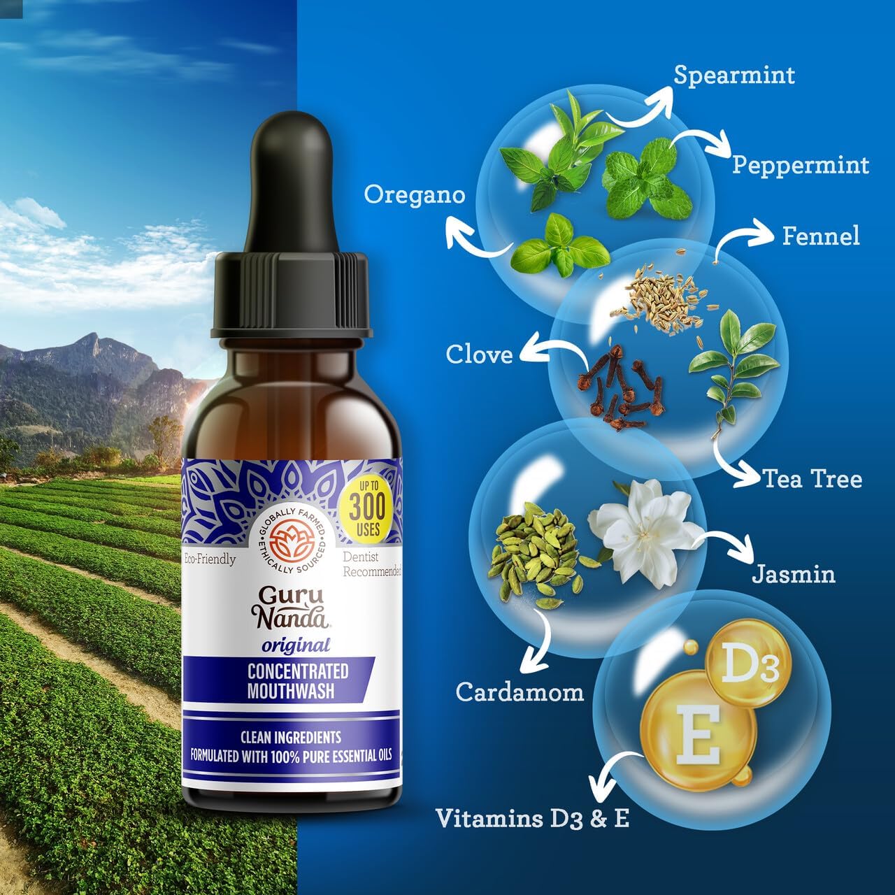 GuruNanda Concentrated Mouthwash (2 fl oz), Supports 300 Rinses, Aids in Fresh Breath, Fluoride-Free, Mint Mouthwash with Natural Essential Oils