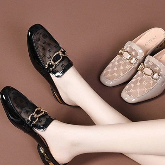 Summer Wear Soft-Soled Sandals Low Heel Thick Heel Fashion Bag Head Half Drag SandalsSoft Leather Mesh Cool