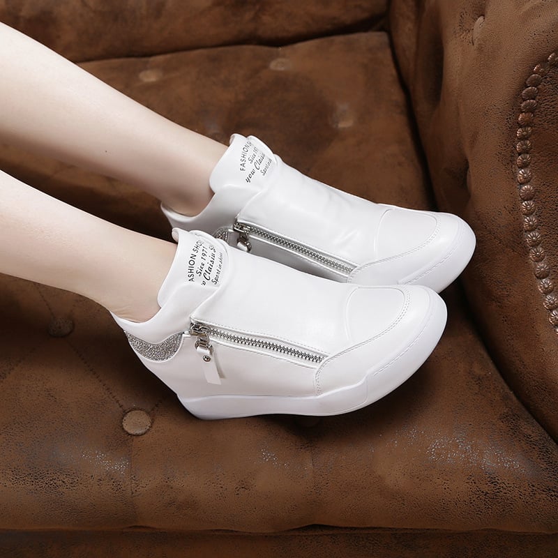 Rhinestone Internal Increased High-top Shoes Trifle Single Shoes Double Zipper Student Travel Sports Casual Shoes Women