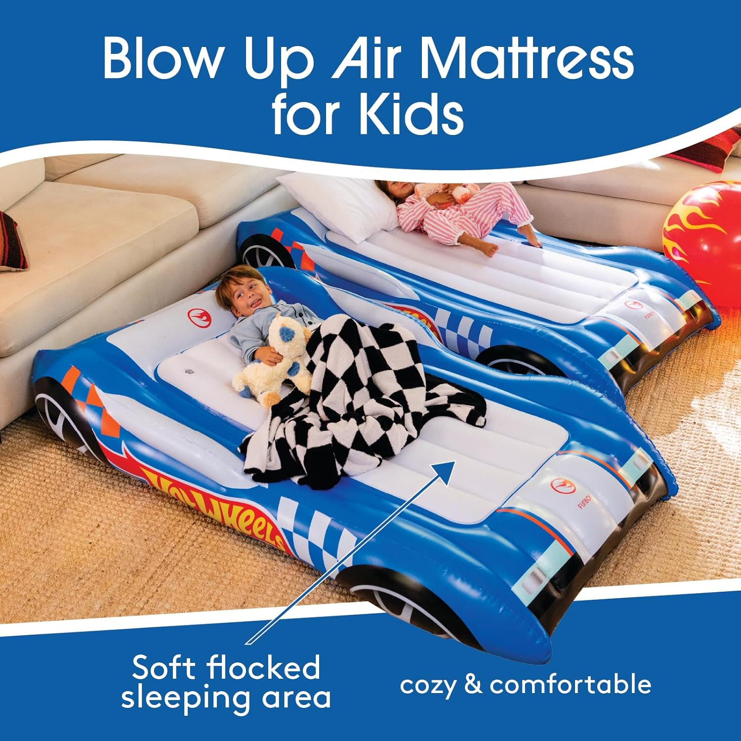 Hot Wheels & FUNBOY Kids Sleepover Bed & Air Mattress. Perfect for Sleepovers. Includes Carrying Storage Bag, Twin