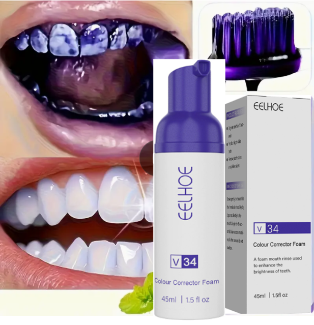 V34 Teeth Cleansing Mousse - Daily Whitening, Long-Lasting Fresh Breath, Purple Tooth-Staining layer Remover, for Yellow Teeth