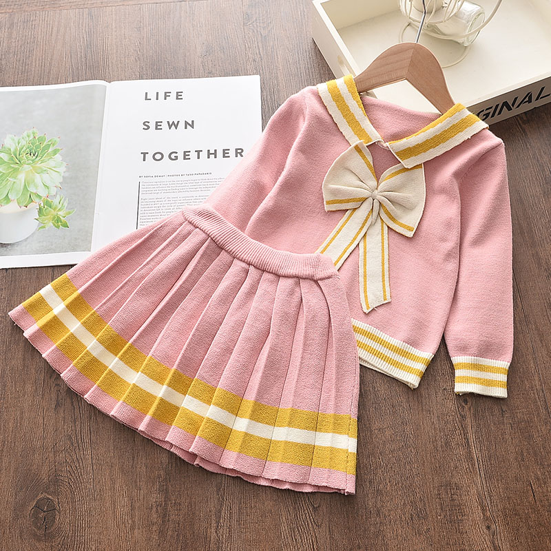 2025 autumn and winter new cute sweet girl bow knitted pullover wool half-length pleated skirt two-piece suit