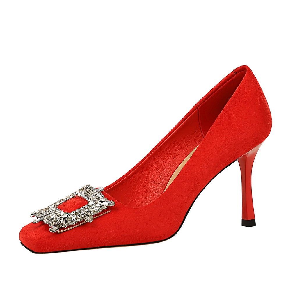 Women's high heels women's shoes ultra-high heels shallow cut square head plush metal rhinestone buckle single shoes