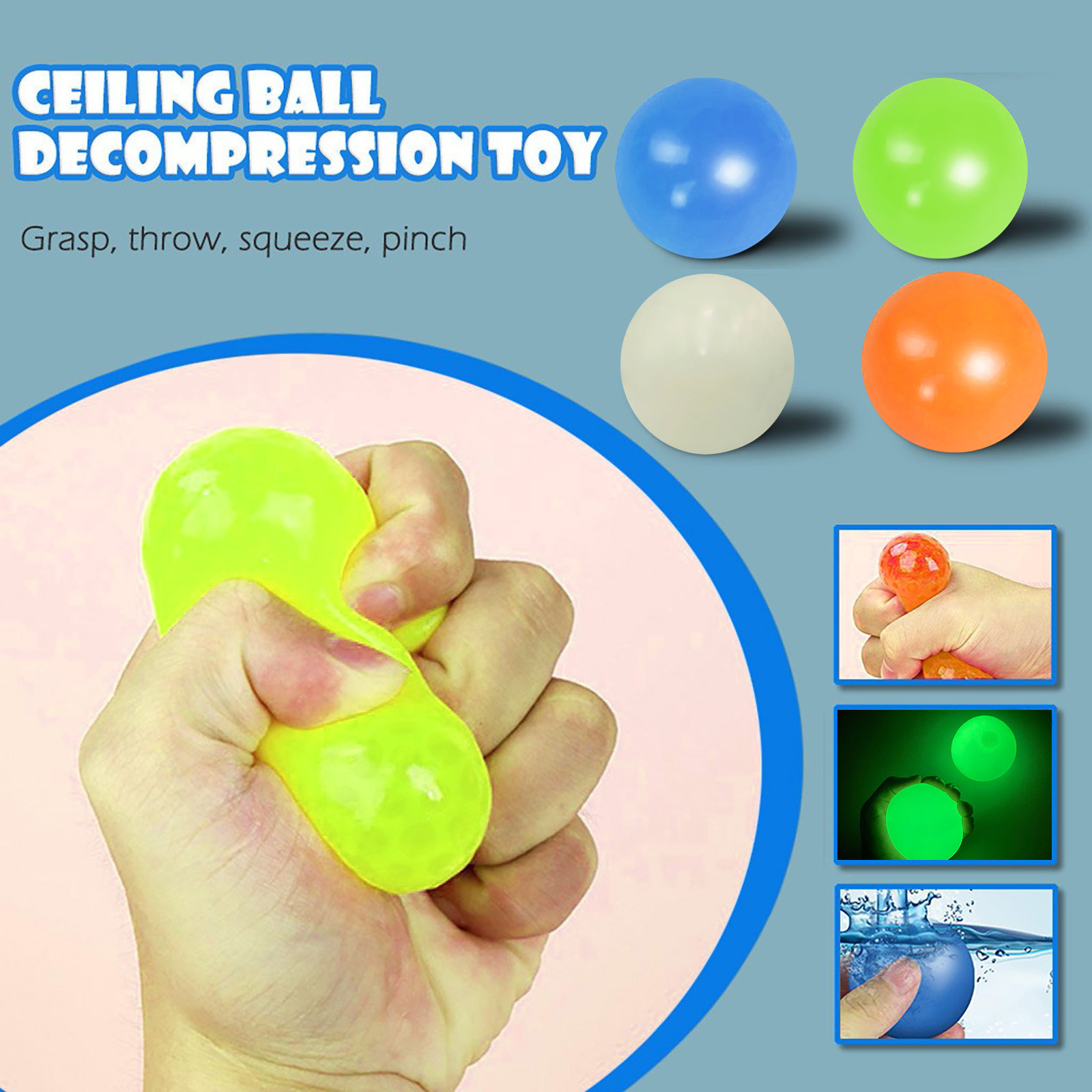 4pc Stick Wall Ball Glowing Globbles Fidget Toy Squash Xmas Sticky Target Ball Stress Ball Decompression Throw Novelty Kids Gift