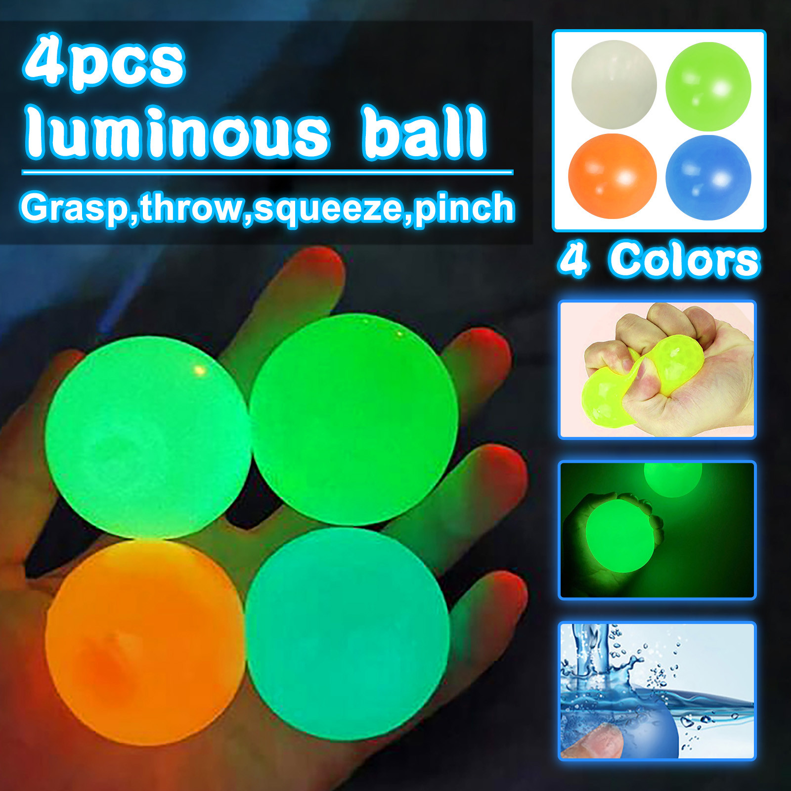 4pc Stick Wall Ball Glowing Globbles Fidget Toy Squash Xmas Sticky Target Ball Stress Ball Decompression Throw Novelty Kids Gift