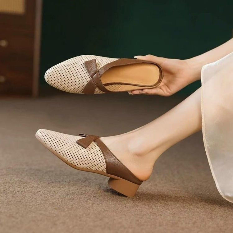 Flat half slippers women's summer new pointed leather women's Office wedding shoes fashion Baotou shoes