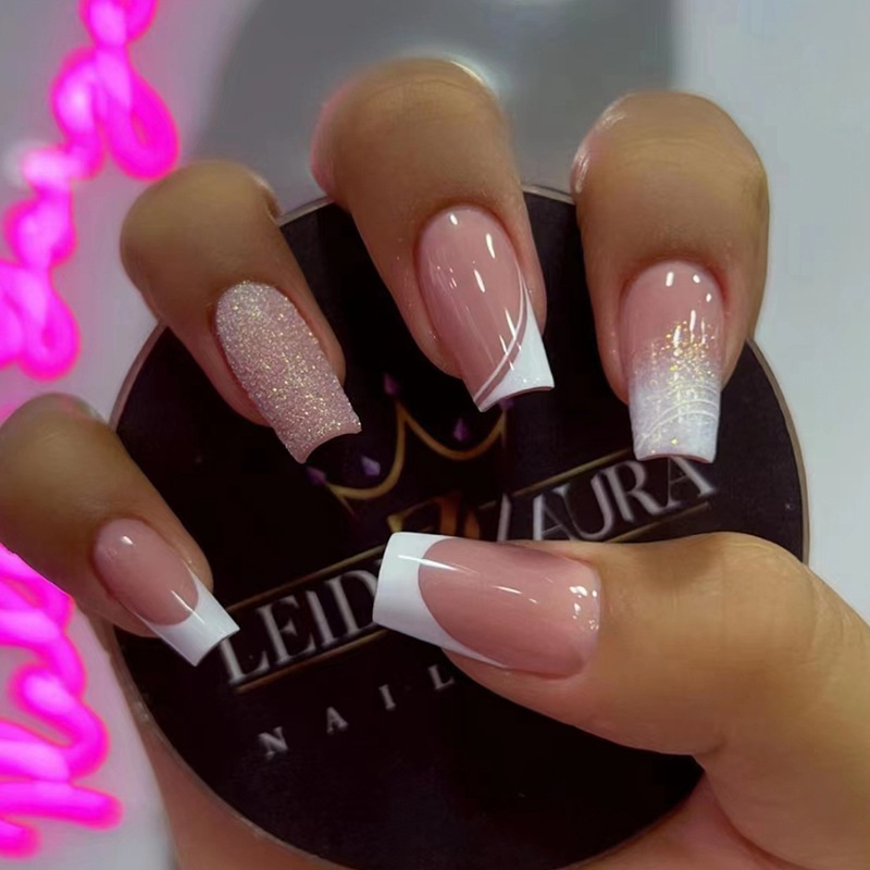 24pcs/box Fake Nails With Jelly Glue Detachable Middle Long Ballerina False Nails Flash Powder Design Wearable Full Cover Nail