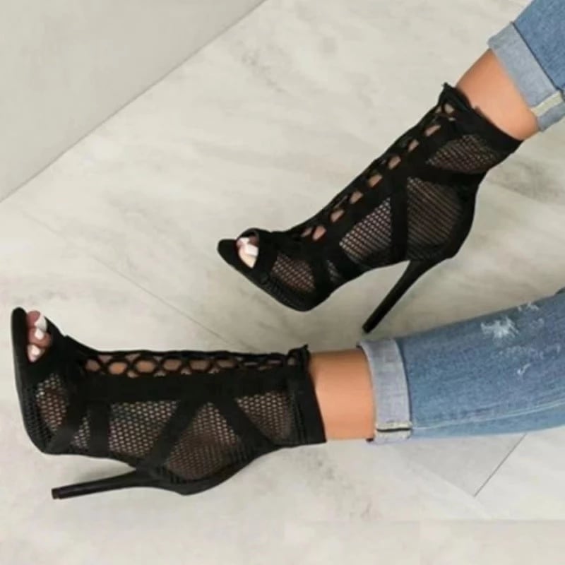 New Sexy High Heels Hollow Mesh Sandals Summer Fashion Trend Comfort Peep Toe Boots Stilettos Jazz Dance Female Shoes Plus Size