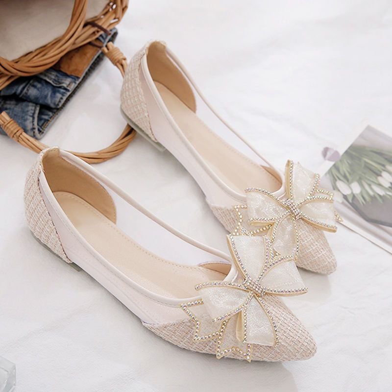 Summer Breathable Flat Heel Women's Scoop Shoes New Korean Edition Butterfly Knot Designed Mesh Pointed Casual Shoes