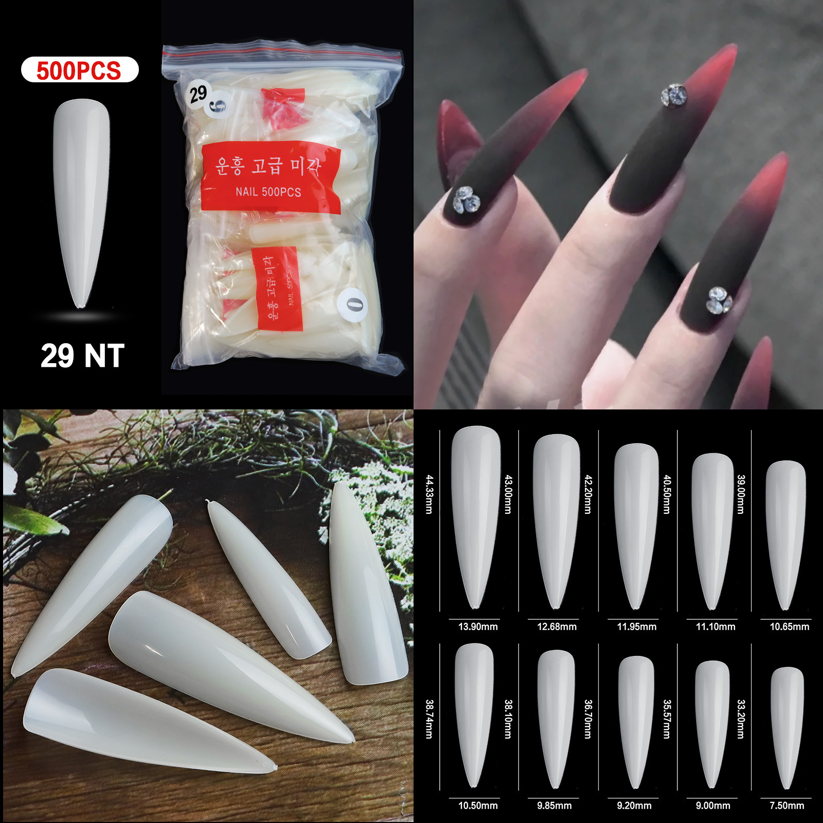 500pcs/Bag Super Long Full False Nail Art Tips Natural Clear Acrylic Fake T Sharp Nails For Salon Design Manicure Kit