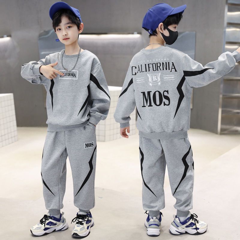 Boys Spring and Autumn Splicing Contrast Color Cotton Long Sleeve T-Shirt Sweater + Elastic Loose Comfortable Pants Casual Sport