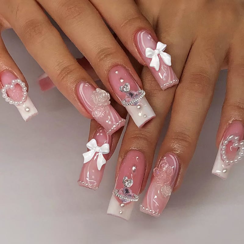 24Pcs/Box French Long Ballet False Nails With Rhinestone Design Full Cover Press On Nail Tips Fake Nails
