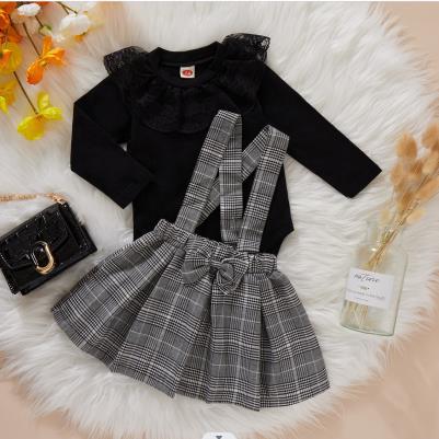 Autumn and winter 22 style baby lace collar long sleeve plaid shoulder skirt girls' suit