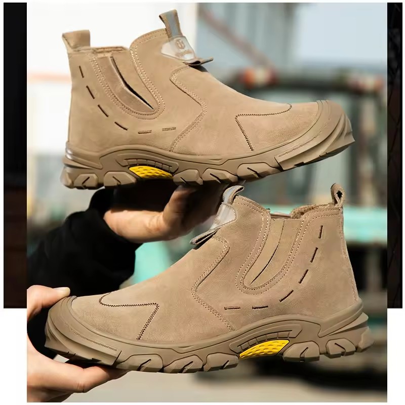 men's casual steel toe caps safety boots slip-on cow suede leather work shoes outdoors worker security ankle botas safe footwear