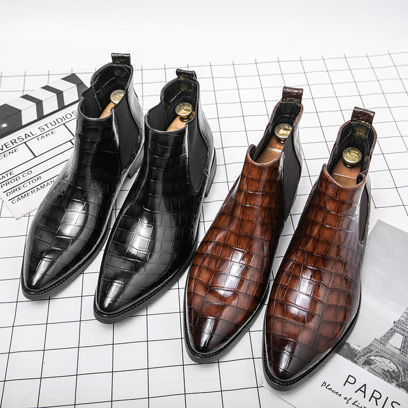 Men Fashion Leather Slip-on Ankle Boots Pointed Toe Low Heel Shoes Male Casual Classic Chelsea Boots Mens Boots and Luxury Shoes