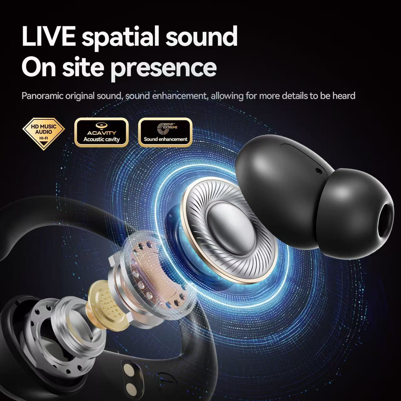 Sport Wireless Bluetooth Headphones Noise Cancelling Adjustable Ear Hooks Smart Touch Call Deep Bass Portable Earbuds
