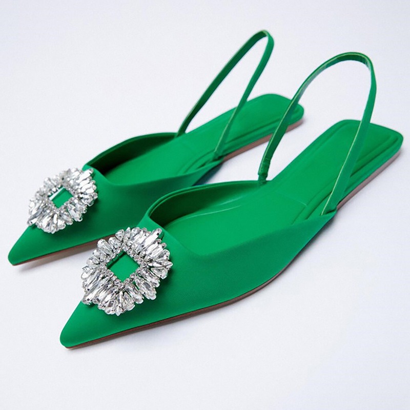 Summer New Green Rhinestone Temperament Wedding Shoes Muller Shoes Fairy Pointed Toe Flat Single Shoes Sandals