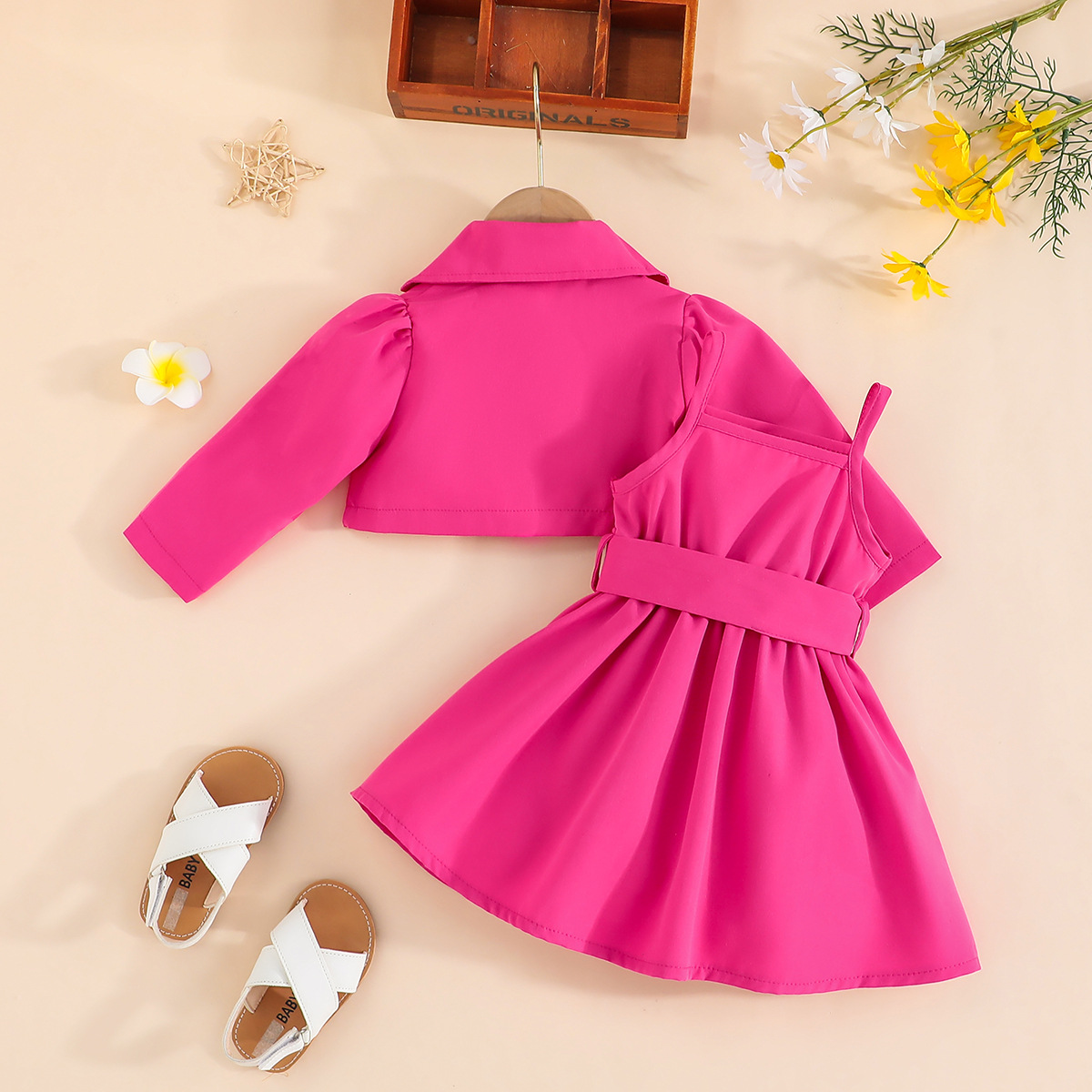 Fashion 2pcs Set Lapel Button Up Long Sleeve Short Coat + Belted Suspender Skirt Stylish Party Birthday Festival Outfit