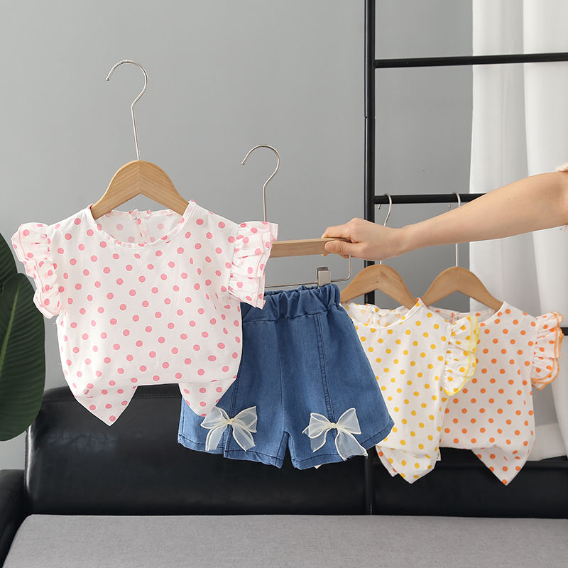 Toddler Kids Baby Girls Long Sleeve Ruffle Dots Tops+Pearl Button Celebrities Skirt Set Outfits Clothes 2PCS