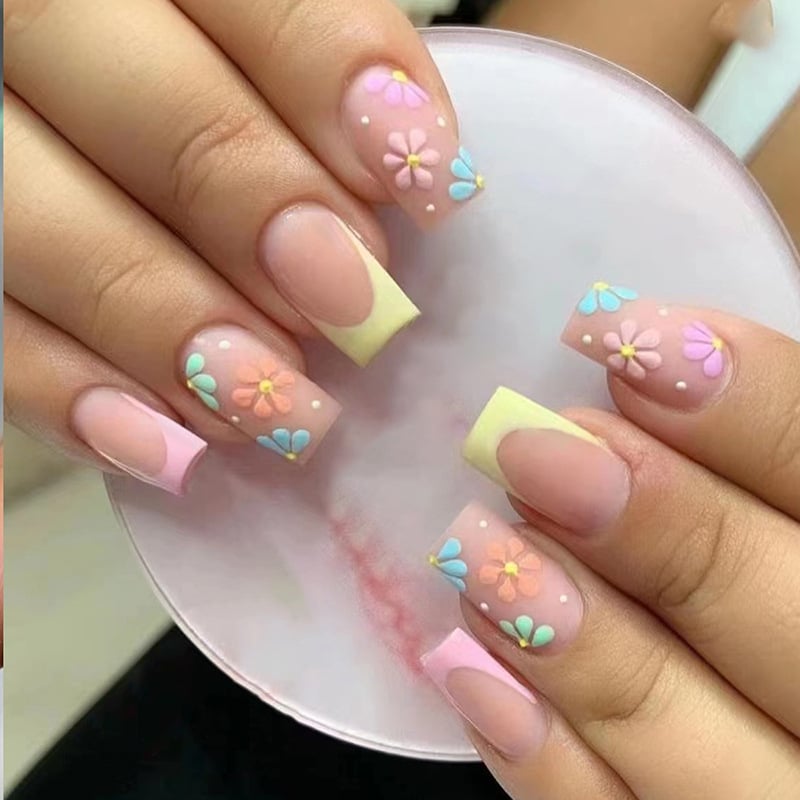 24PCS Fake Nails With Glue Long Detachable French Stick on Nails Coffin Flame Press on Nails Art DIY Manicure Tool